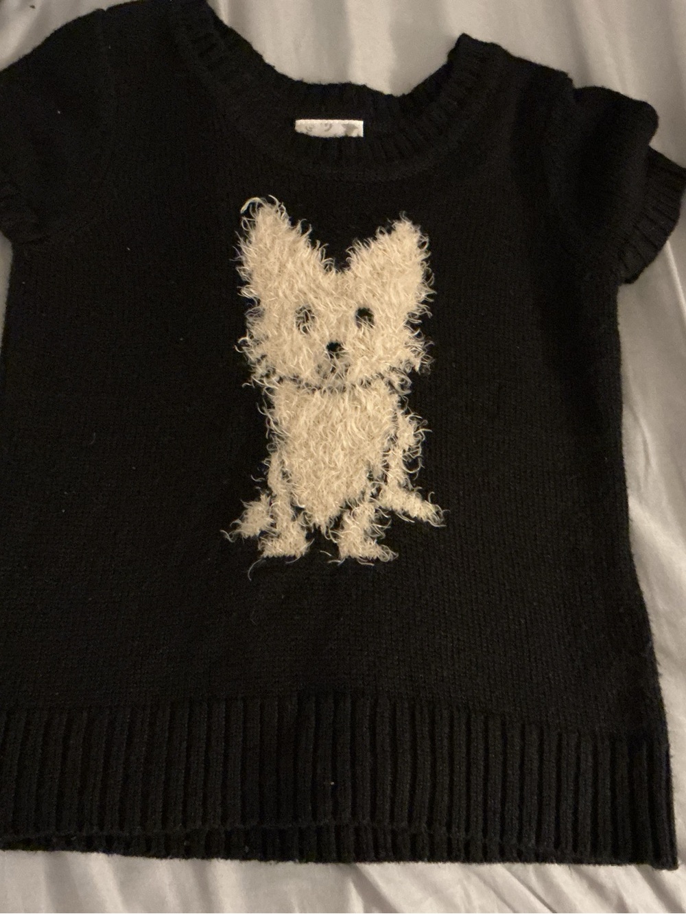 Justice Black Short-Sleeve Sweater with Cream Fuzzy Dog Motif